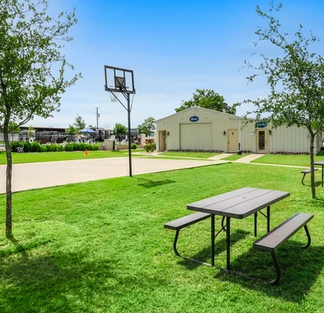 Park with trees, benches and basketball hoop